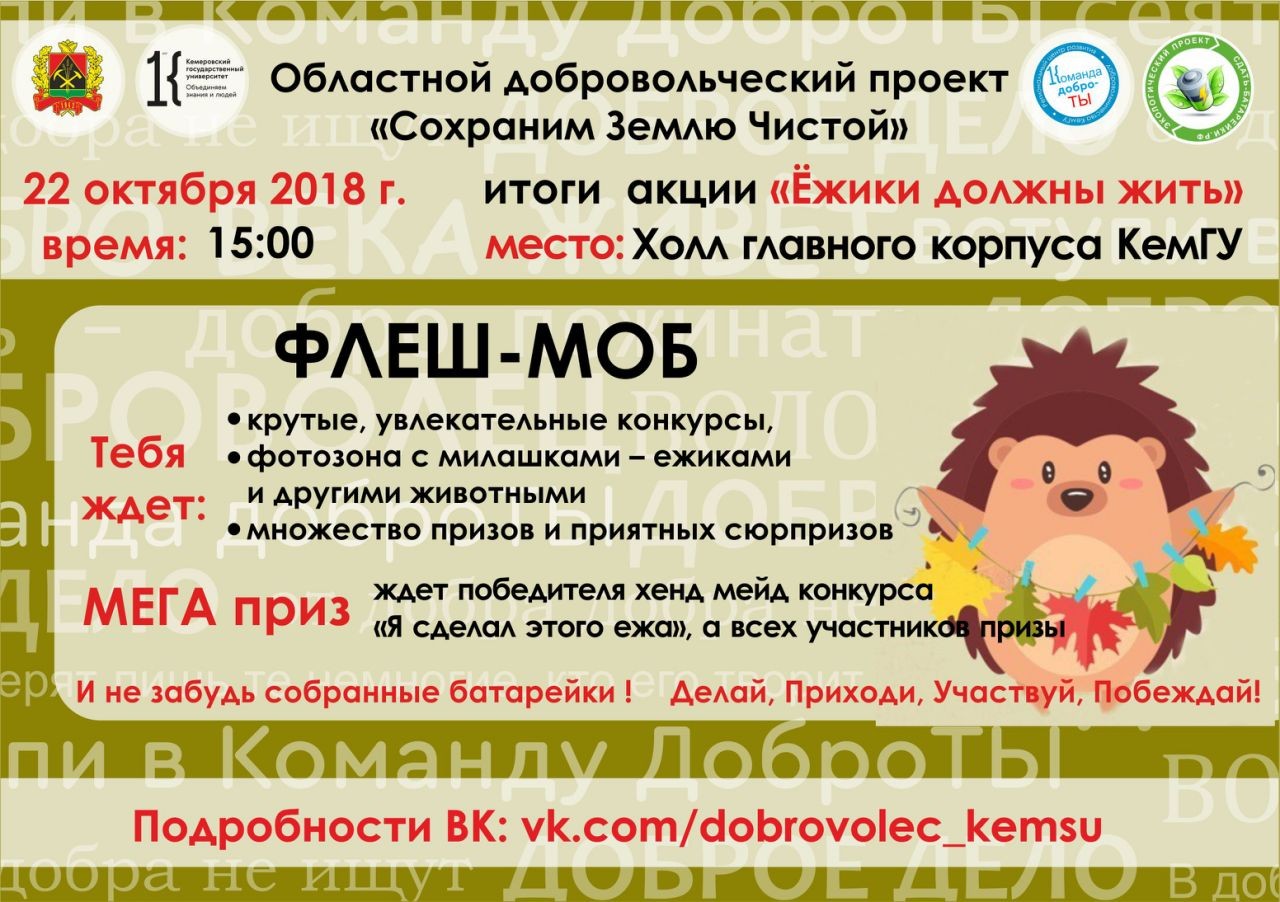22 октября в КемГУ состоится финал акции «Ежики должны жить» в рамках проекта «Сохраним Землю Чистой»